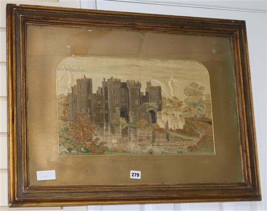 19th century English School, silkwork panel, Bodiam Castle needlework height 28cm width 47cm